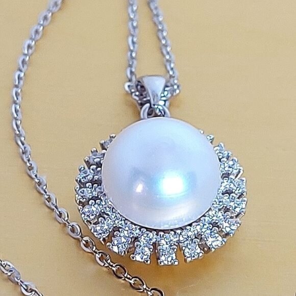 Natural Round Pearl 11mm & Cz 925 Sterling Silver‎ Necklace 18" - Picture 1 of 5